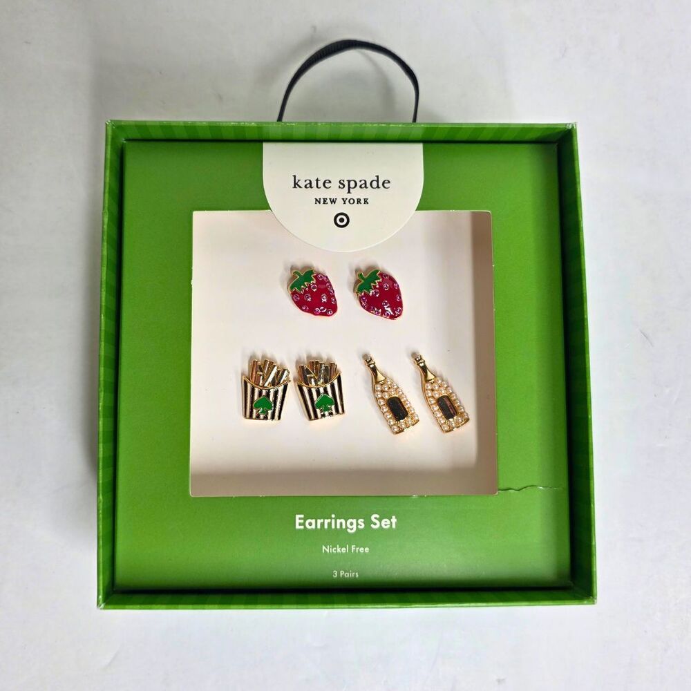 Kate Spade NY x Target Stud Earrings 3 Sets Strawberry, French Fries, Champagne